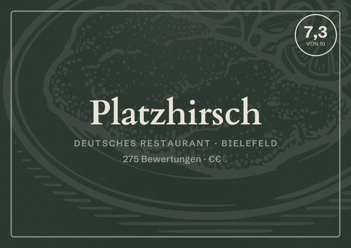 Illustriertes Poster von Platzhirsch, Deutsches Restaurant in Bielefeld: Bewertung 7,3 von 10 aus 275 Bewertungen, Preisniveau €€