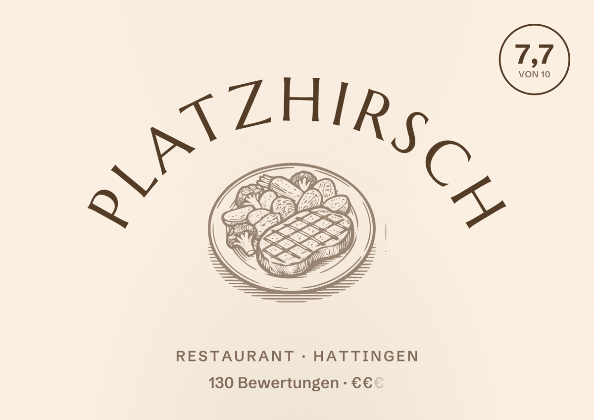 Illustriertes Poster von Platzhirsch, Restaurant in Hattingen: Bewertung 7,7 von 10 aus 130 Bewertungen, Preisniveau €€