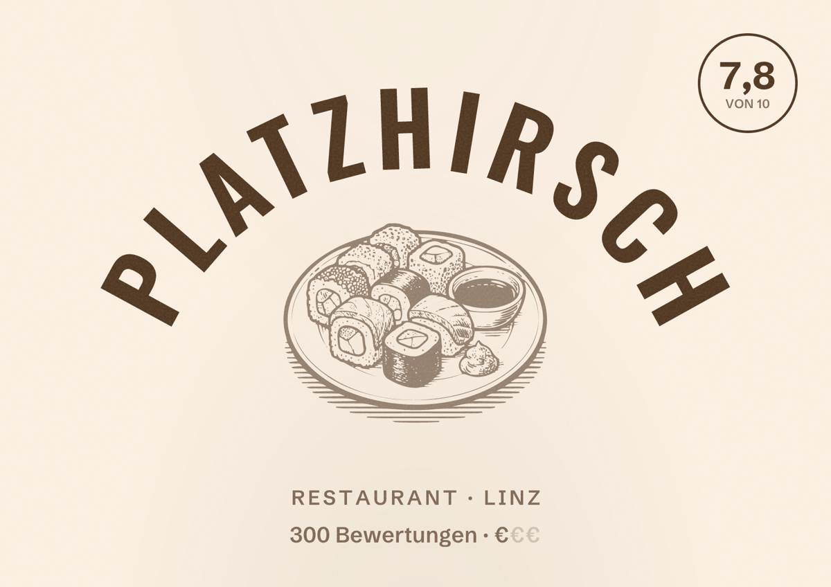 Illustriertes Poster von Platzhirsch, Restaurant in Linz: Bewertung 7,8 von 10 aus 300 Bewertungen, Preisniveau €