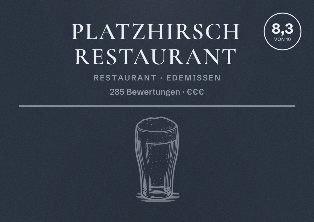 Illustriertes Poster von Platzhirsch Restaurant, Restaurant in Edemissen: Bewertung 8,3 von 10 aus 285 Bewertungen, Preisniveau €€€