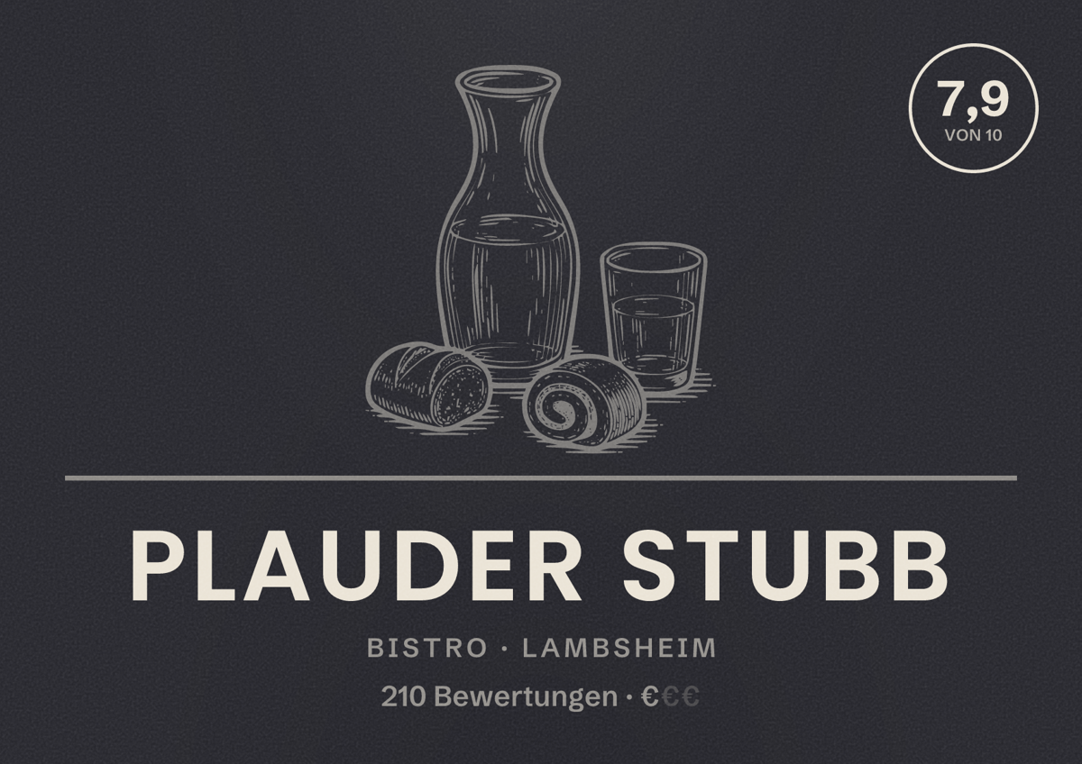 Illustriertes Poster von Plauder Stubb, Bistro in Lambsheim: Bewertung 7,9 von 10 aus 210 Bewertungen, Preisniveau €
