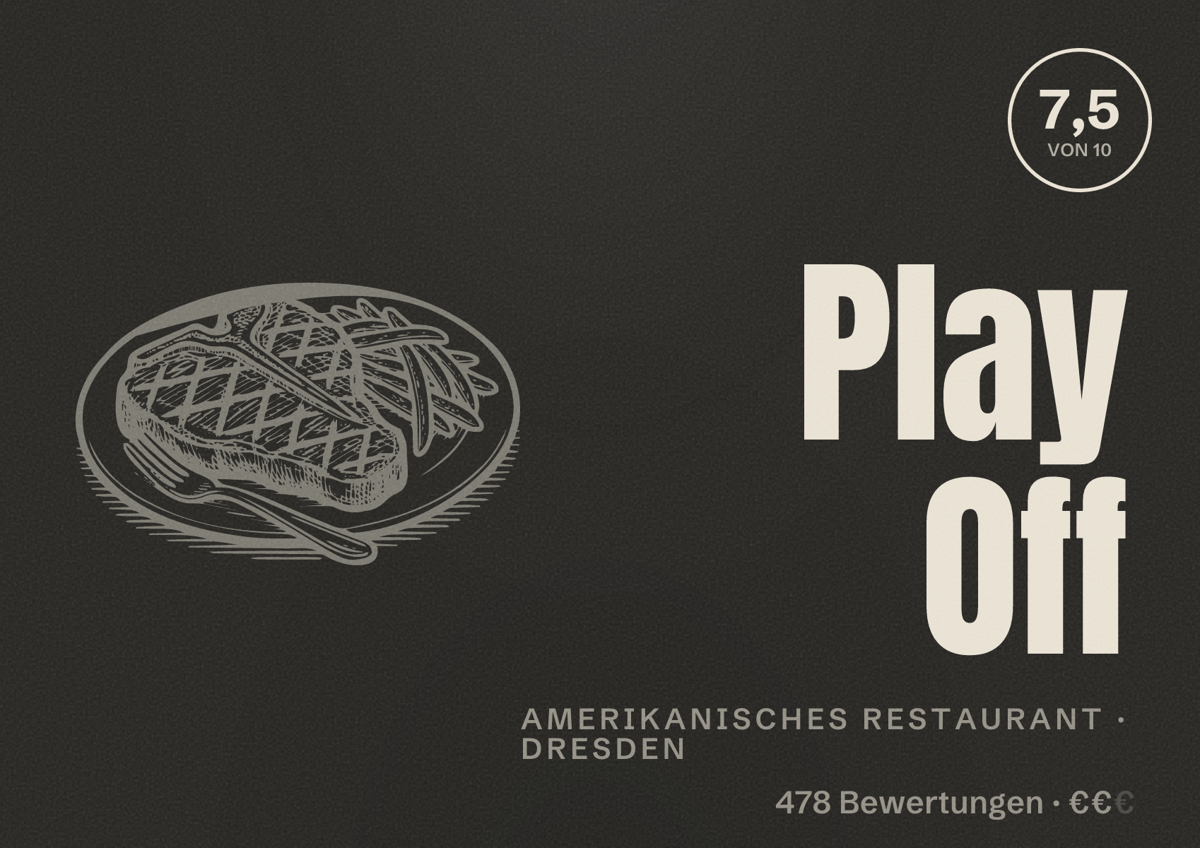 Illustriertes Poster von Play Off, Amerikanisches Restaurant in Dresden: Bewertung 7,5 von 10 aus 478 Bewertungen, Preisniveau €€