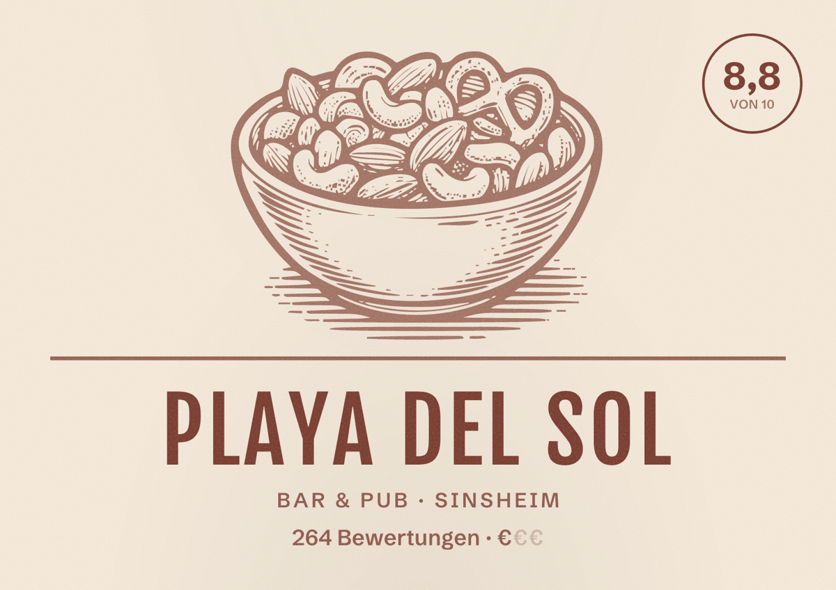 Illustriertes Poster von Playa del Sol, Bar & Pub in Sinsheim: Bewertung 8,8 von 10 aus 264 Bewertungen, Preisniveau €