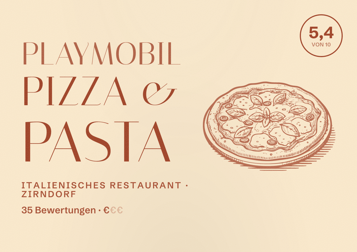 Illustriertes Poster von PLAYMOBIL Pizza & Pasta, Italienisches Restaurant in Zirndorf: Bewertung 5,4 von 10 aus 35 Bewertungen, Preisniveau €