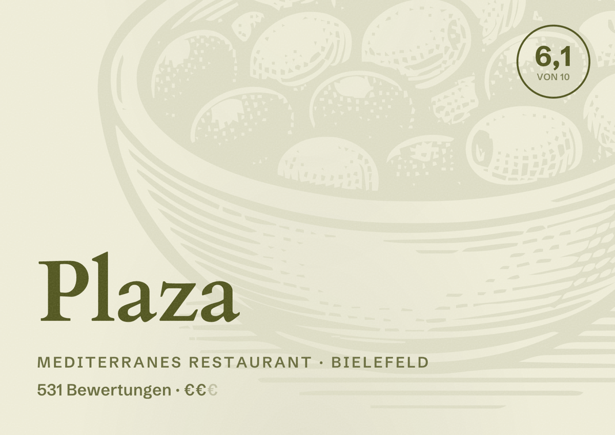Illustriertes Poster von Plaza, Mediterranes Restaurant in Bielefeld: Bewertung 6,1 von 10 aus 531 Bewertungen, Preisniveau €€