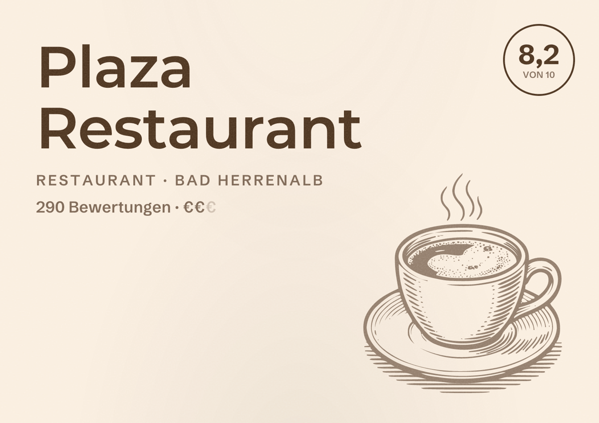 Illustriertes Poster von Plaza Restaurant, Restaurant in Bad Herrenalb: Bewertung 8,2 von 10 aus 290 Bewertungen, Preisniveau €€