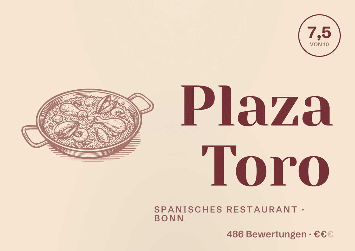Illustriertes Poster von Plaza Toro, Spanisches Restaurant in Bonn: Bewertung 7,5 von 10 aus 486 Bewertungen, Preisniveau €€