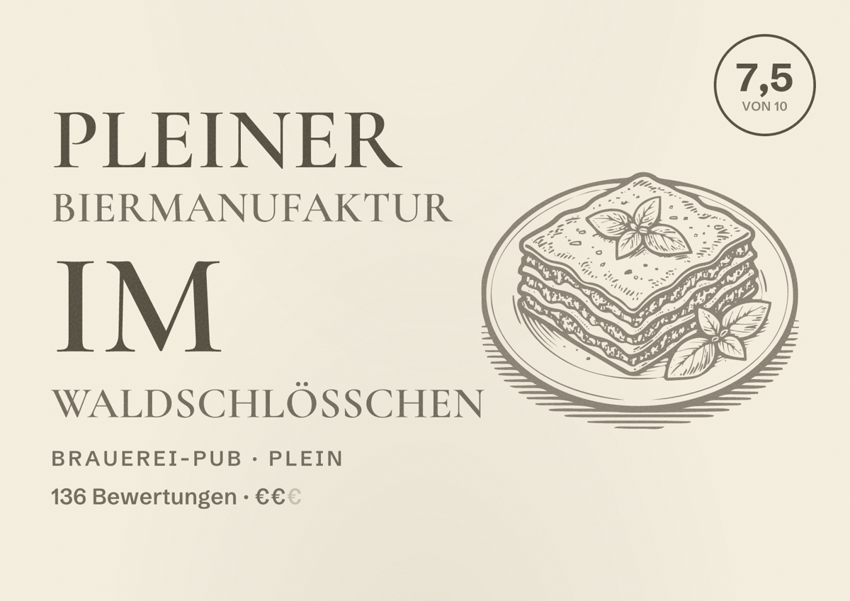 Illustriertes Poster von Pleiner Biermanufaktur im Waldschlößchen, Brauerei-Pub in Plein: Bewertung 7,5 von 10 aus 136 Bewertungen, Preisniveau €€