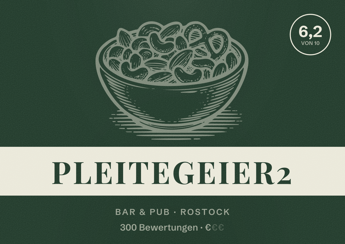 Illustriertes Poster von Pleitegeier2, Bar & Pub in Rostock: Bewertung 6,2 von 10 aus 300 Bewertungen, Preisniveau €