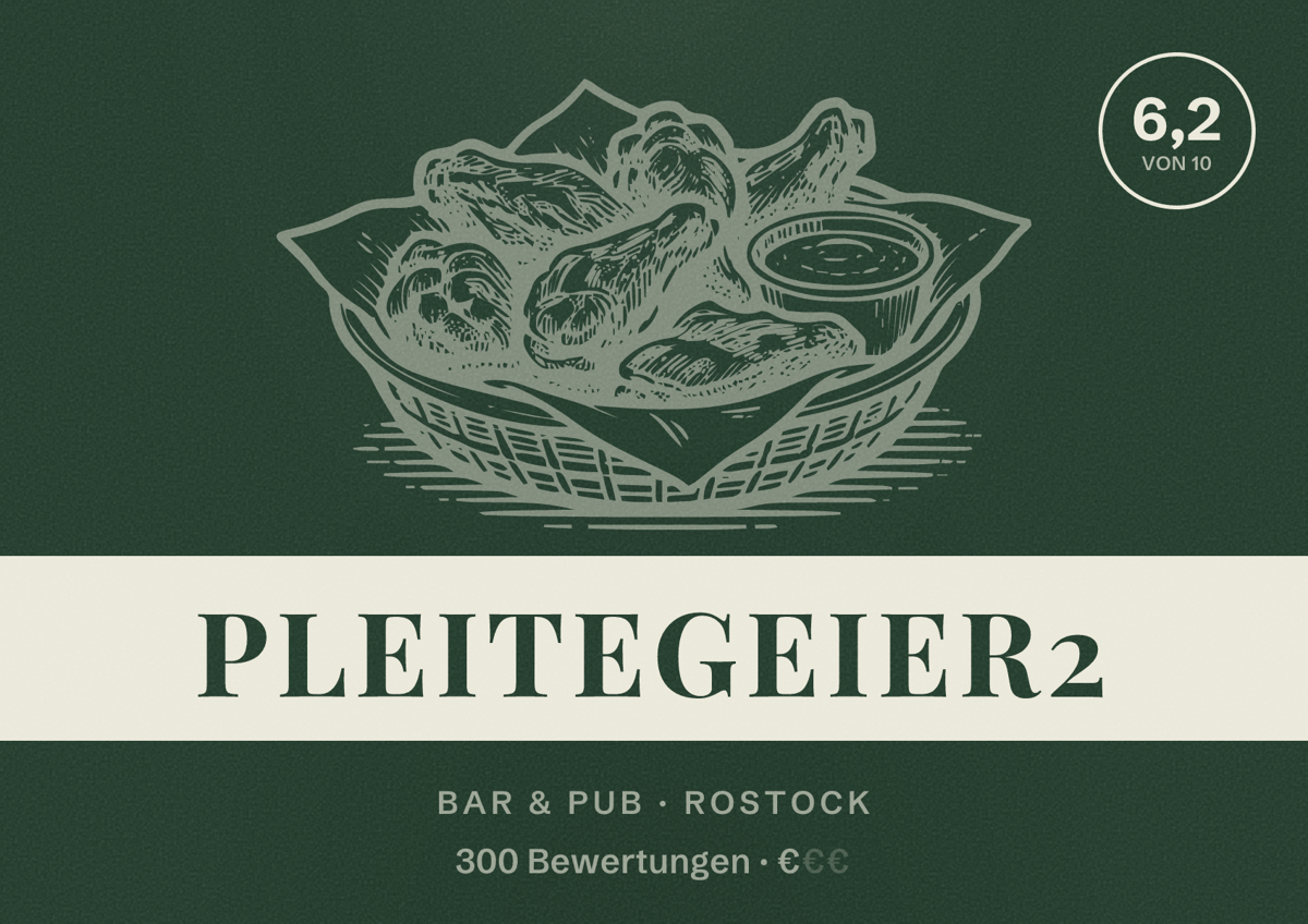 Illustriertes Poster von Pleitegeier2, Bar & Pub in Rostock: Bewertung 6,2 von 10 aus 300 Bewertungen, Preisniveau €
