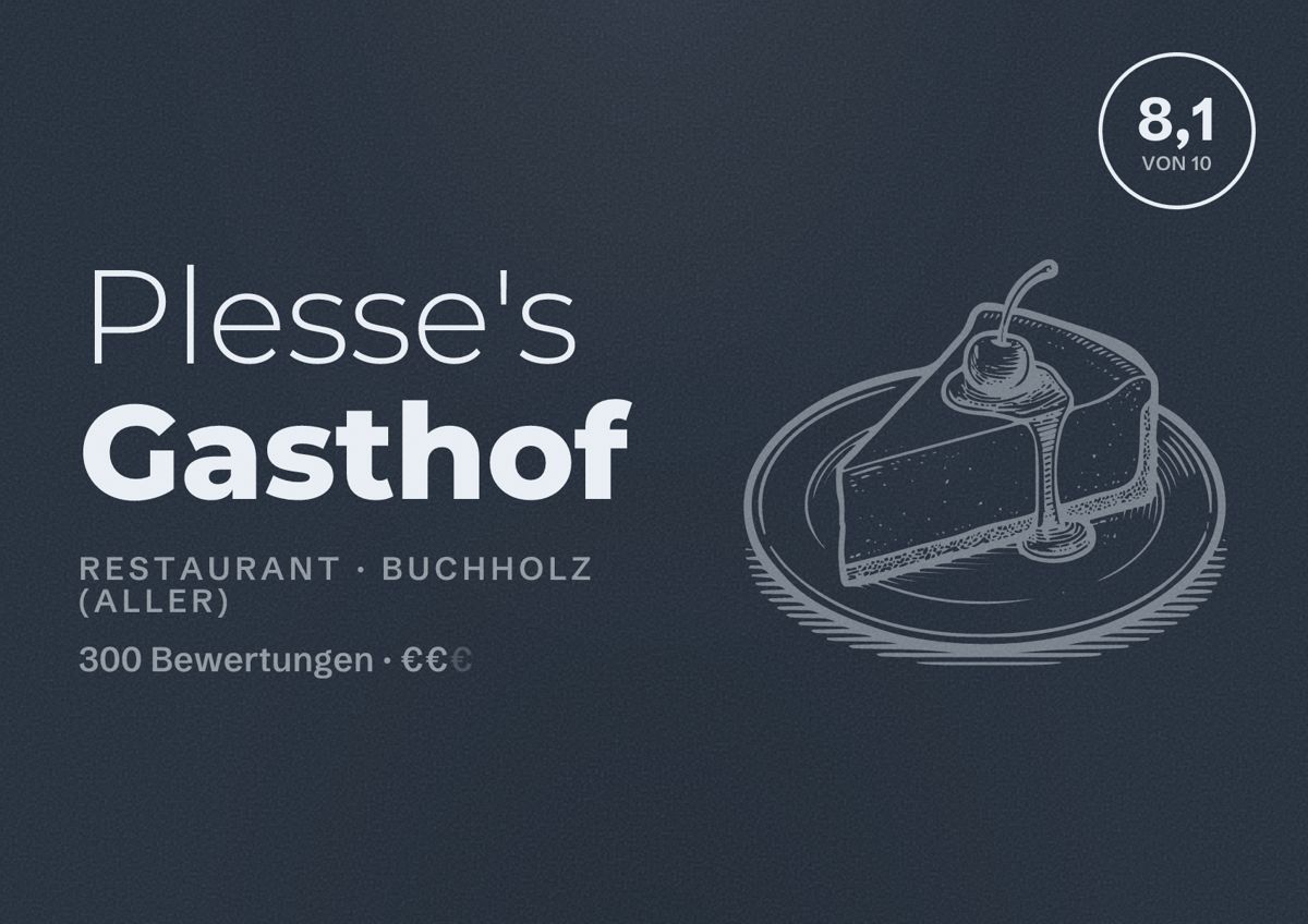 Illustriertes Poster von Plesse's Gasthof, Restaurant in Buchholz (Aller): Bewertung 8,1 von 10 aus 300 Bewertungen, Preisniveau €€