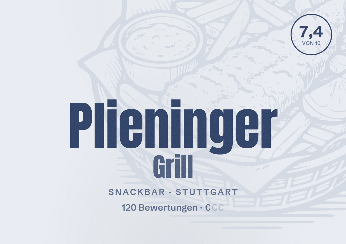 Illustriertes Poster von Plieninger Grill, Snackbar in Stuttgart: Bewertung 7,4 von 10 aus 120 Bewertungen, Preisniveau €