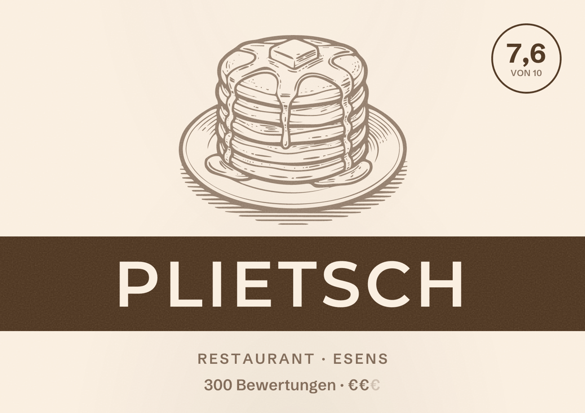 Illustriertes Poster von Plietsch, Restaurant in Esens: Bewertung 7,6 von 10 aus 300 Bewertungen, Preisniveau €€