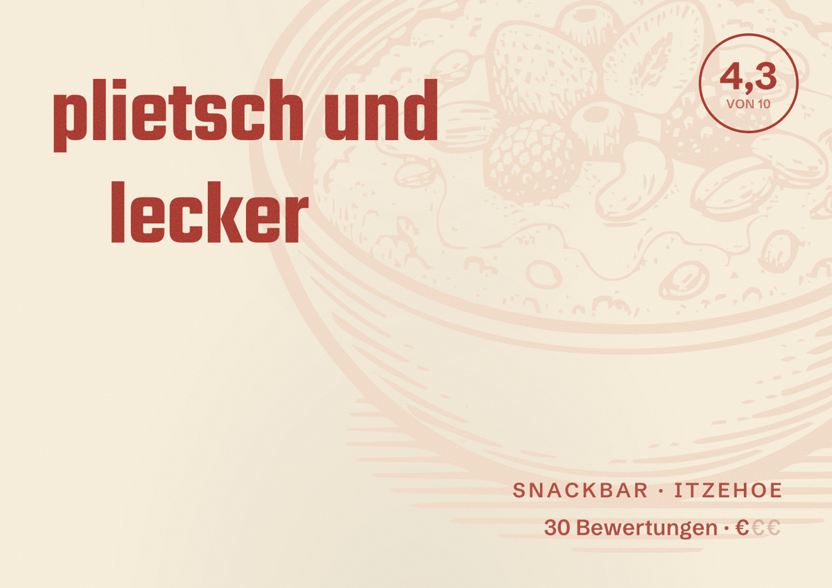Illustriertes Poster von plietsch und lecker, Snackbar in Itzehoe: Bewertung 4,3 von 10 aus 30 Bewertungen, Preisniveau €