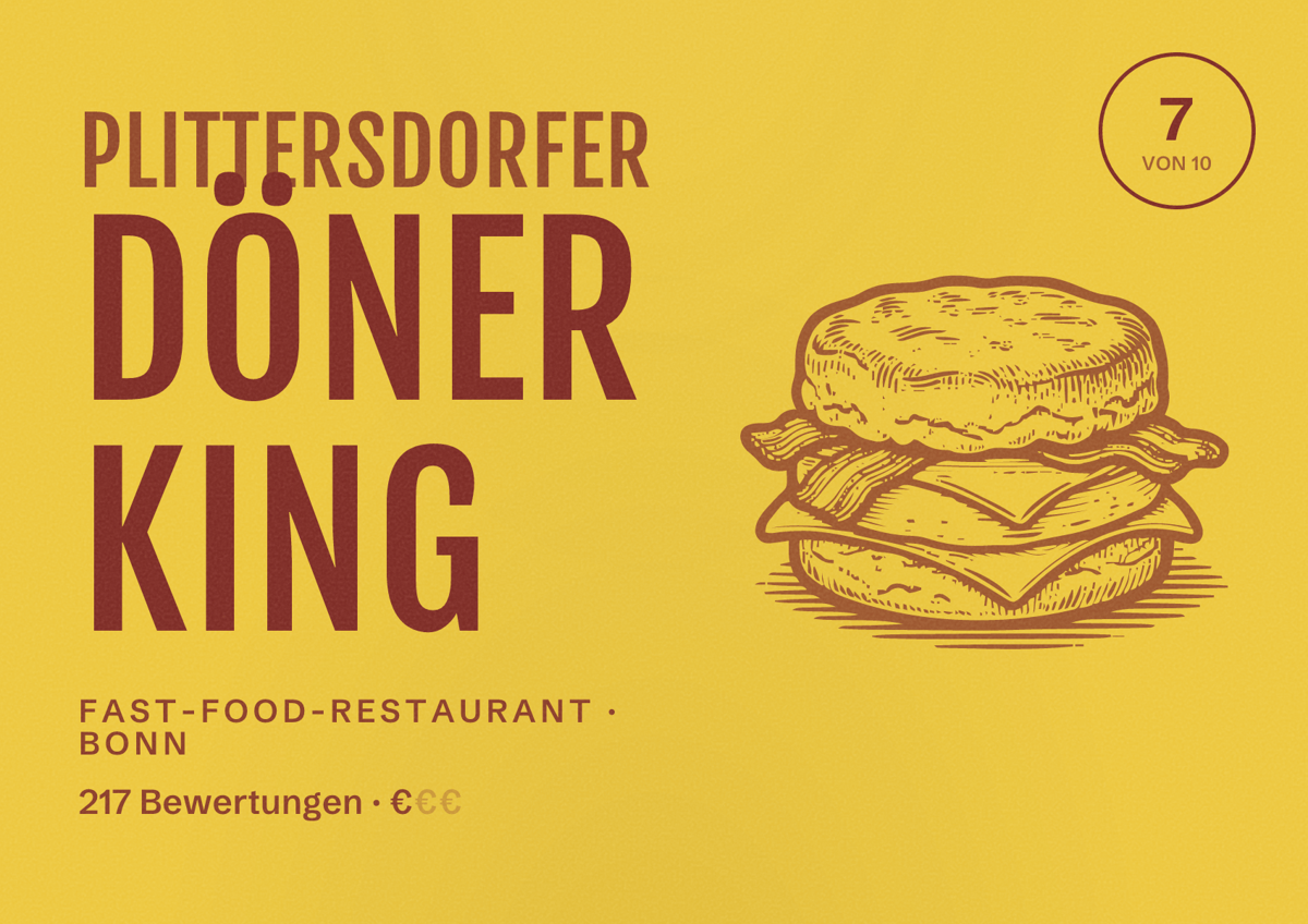 Illustriertes Poster von Plittersdorfer Döner King, Fast-Food-Restaurant in Bonn: Bewertung 7 von 10 aus 217 Bewertungen, Preisniveau €