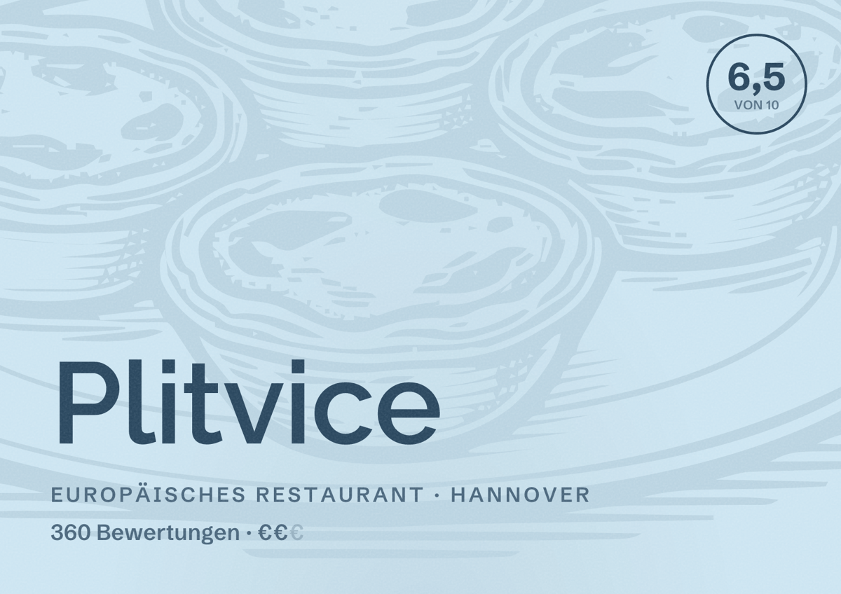 Illustriertes Poster von Plitvice, Europäisches Restaurant in Hannover: Bewertung 6,5 von 10 aus 360 Bewertungen, Preisniveau €€