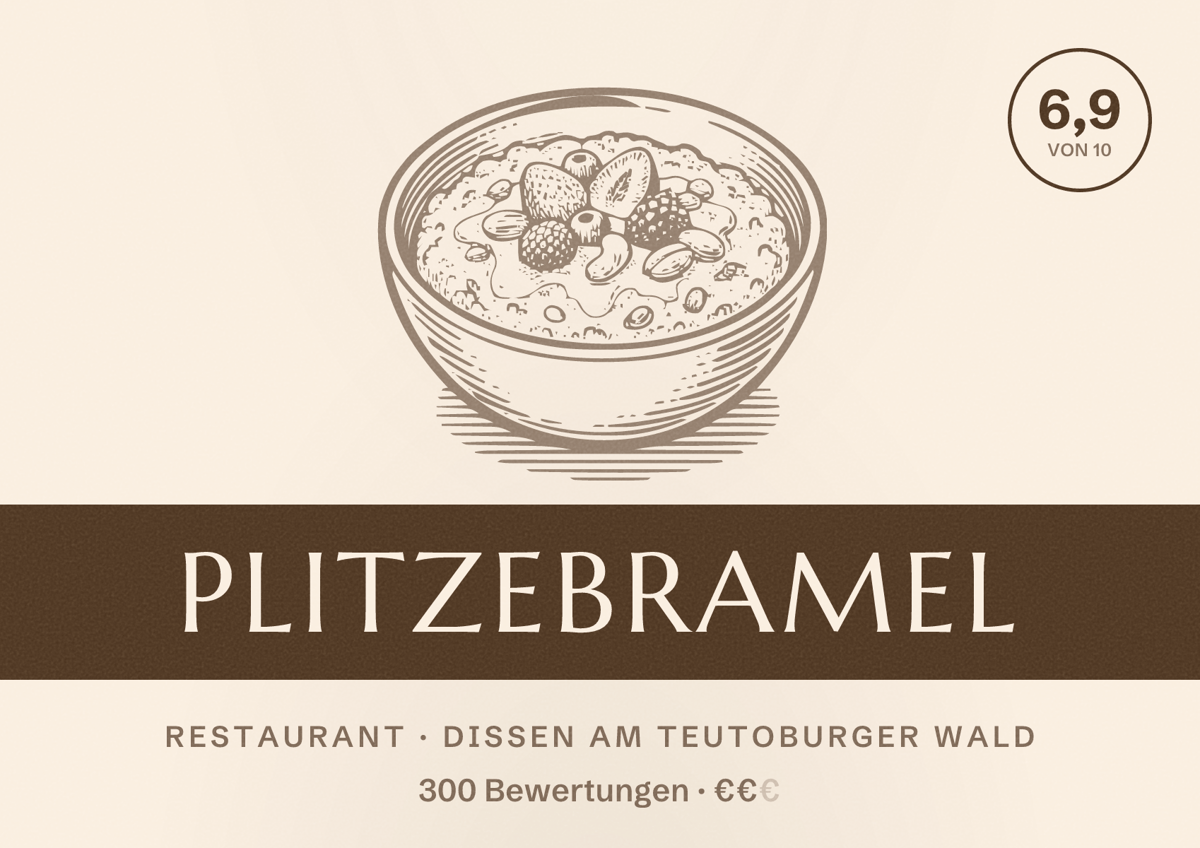 Illustriertes Poster von Plitzebramel, Restaurant in Dissen am Teutoburger Wald: Bewertung 6,9 von 10 aus 300 Bewertungen, Preisniveau €€