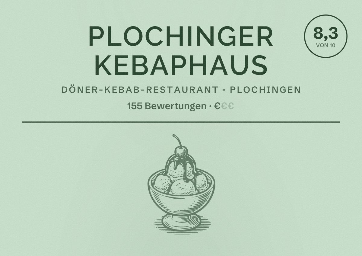 Illustriertes Poster von Plochinger Kebaphaus, Döner-Kebab-Restaurant in Plochingen: Bewertung 8,3 von 10 aus 155 Bewertungen, Preisniveau €