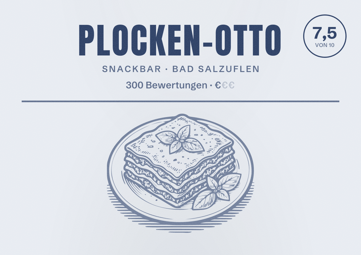 Illustriertes Poster von Plocken-Otto, Snackbar in Bad Salzuflen: Bewertung 7,5 von 10 aus 300 Bewertungen, Preisniveau €