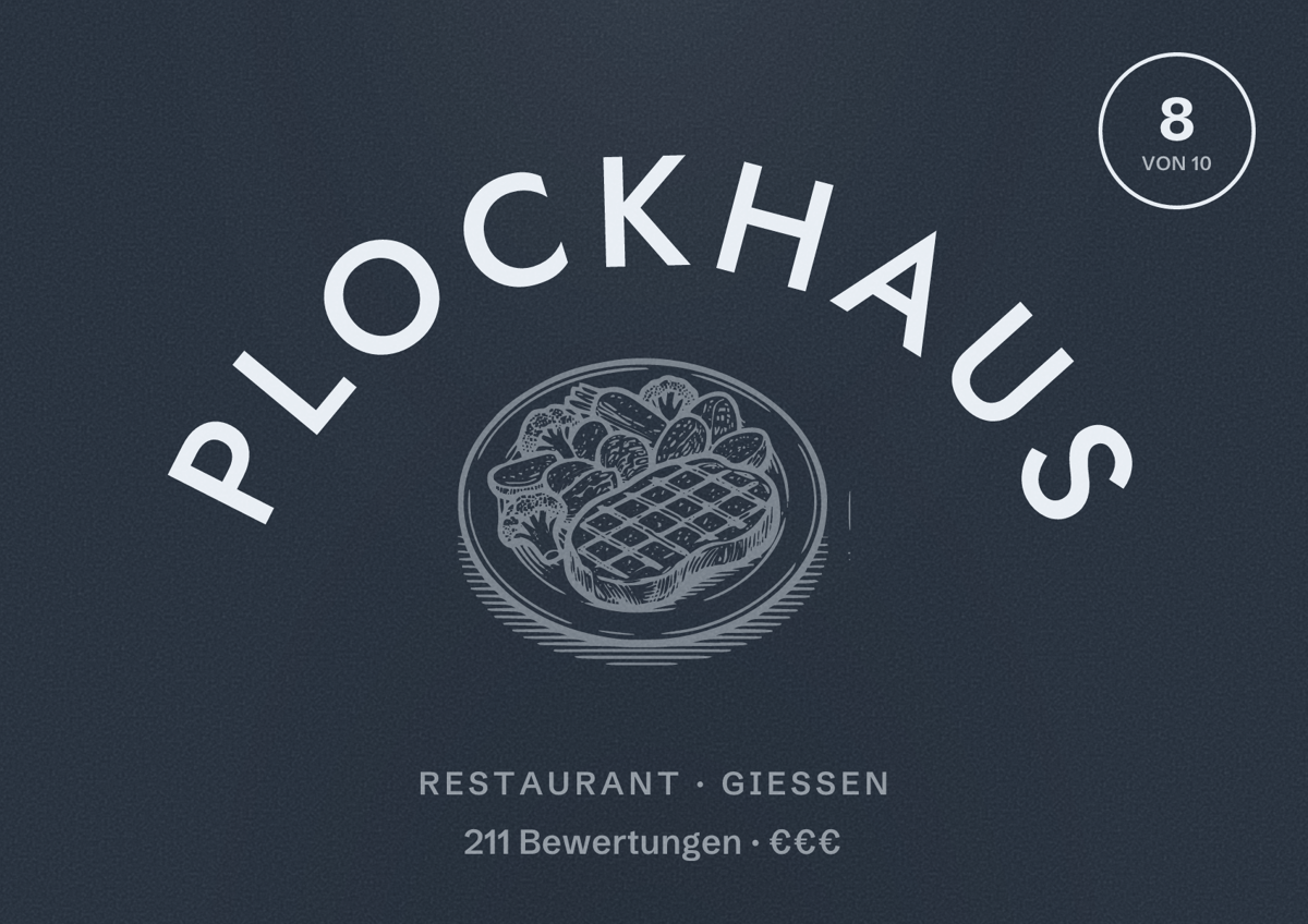 Illustriertes Poster von Plockhaus, Restaurant in Gießen: Bewertung 8 von 10 aus 211 Bewertungen, Preisniveau €€€