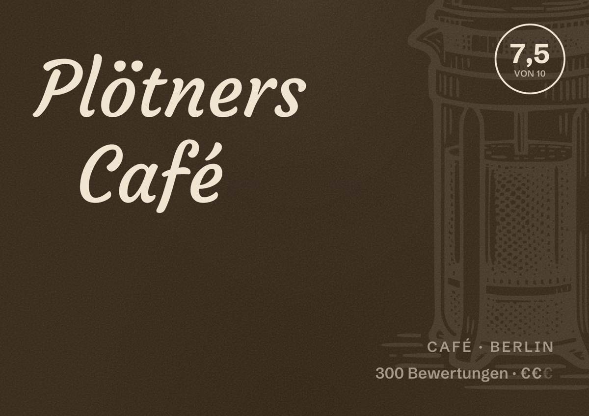 Illustriertes Poster von Plötners Café, Café in Berlin: Bewertung 7,5 von 10 aus 300 Bewertungen, Preisniveau €€