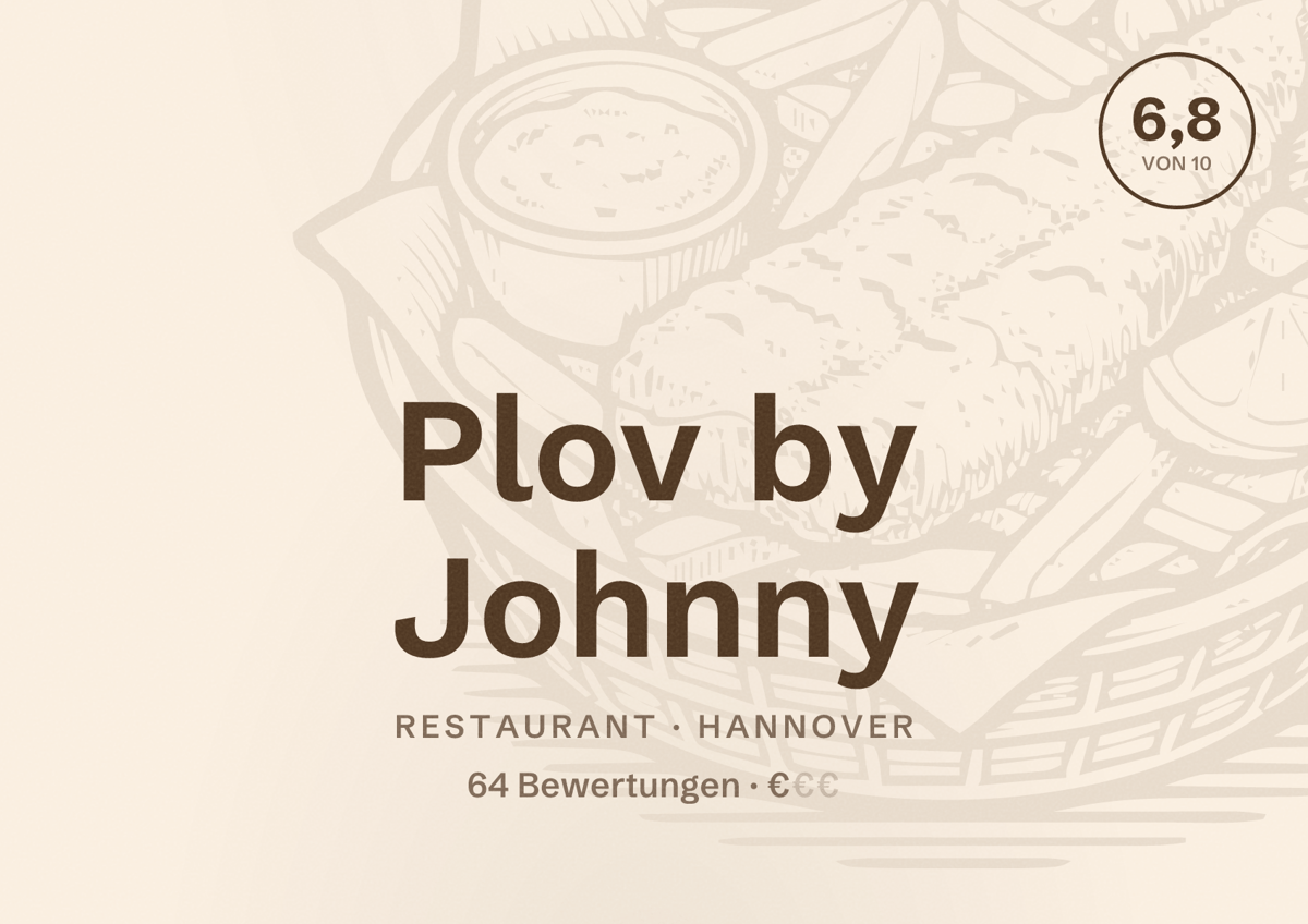 Illustriertes Poster von Plov by Johnny, Restaurant in Hannover: Bewertung 6,8 von 10 aus 64 Bewertungen, Preisniveau €