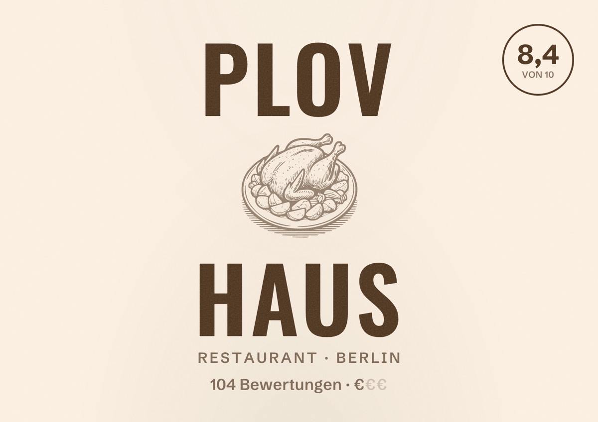 Illustriertes Poster von Plov Haus, Restaurant in Berlin: Bewertung 8,4 von 10 aus 104 Bewertungen, Preisniveau €