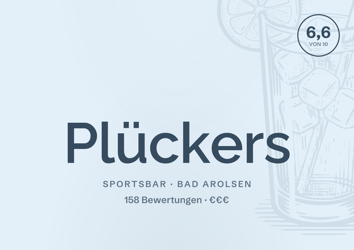 Illustriertes Poster von Plückers, Sportsbar in Bad Arolsen: Bewertung 6,6 von 10 aus 158 Bewertungen, Preisniveau €€€