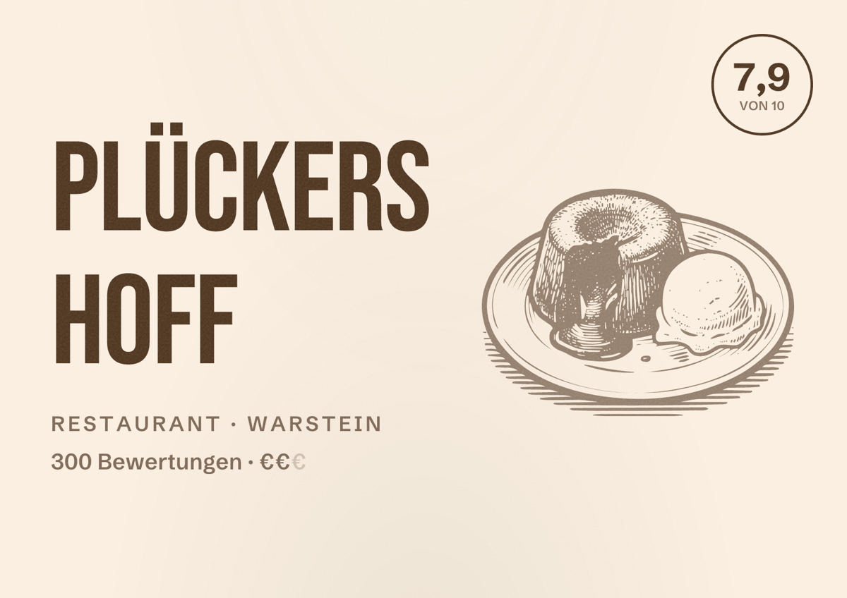 Illustriertes Poster von Plückers Hoff, Restaurant in Warstein: Bewertung 7,9 von 10 aus 300 Bewertungen, Preisniveau €€