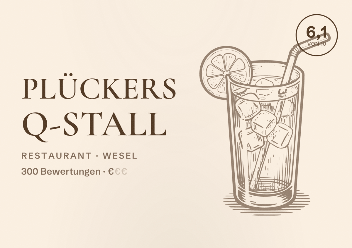 Illustriertes Poster von Plückers Q-Stall, Restaurant in Wesel: Bewertung 6,1 von 10 aus 300 Bewertungen, Preisniveau €