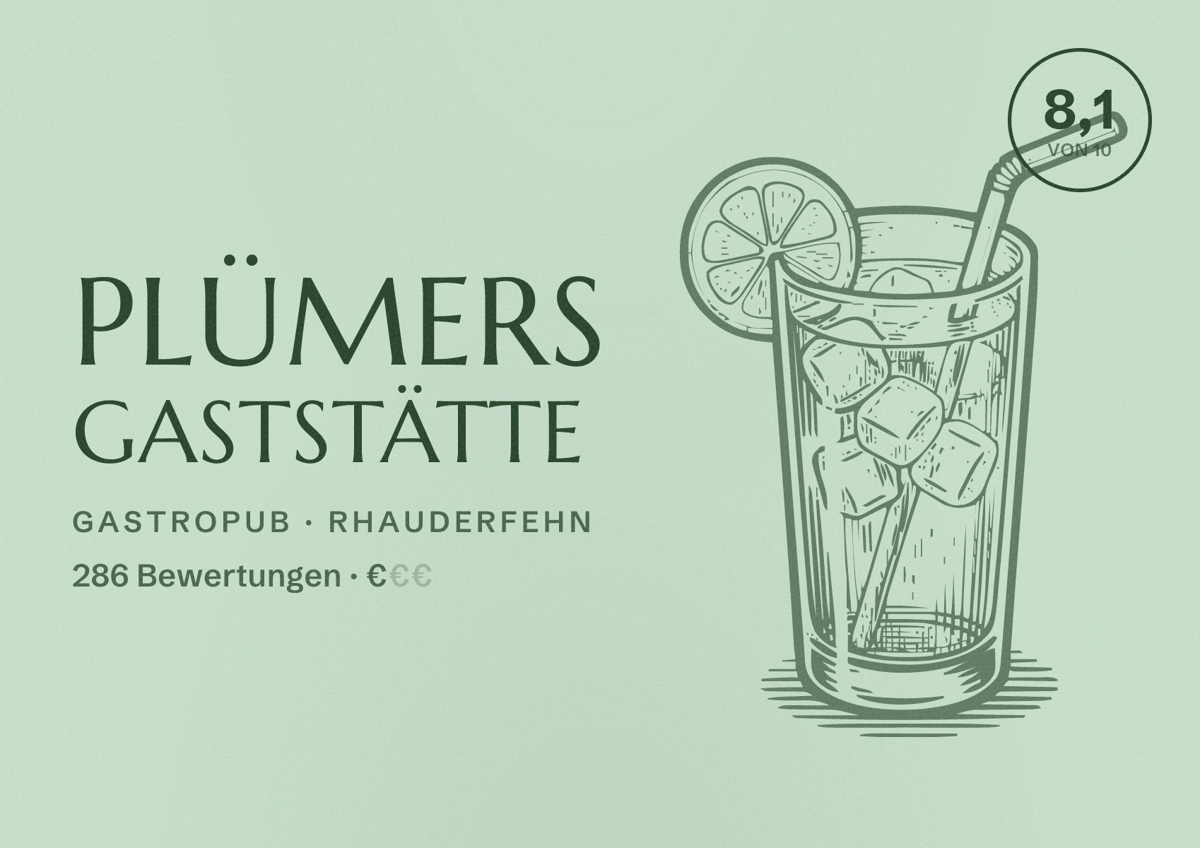 Illustriertes Poster von Plümers Gaststätte, Gastropub in Rhauderfehn: Bewertung 8,1 von 10 aus 286 Bewertungen, Preisniveau €