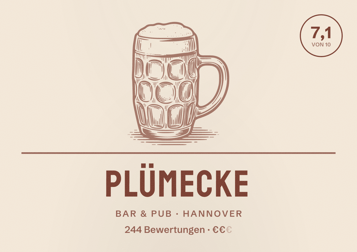 Illustriertes Poster von Plümecke, Bar & Pub in Hannover: Bewertung 7,1 von 10 aus 244 Bewertungen, Preisniveau €€