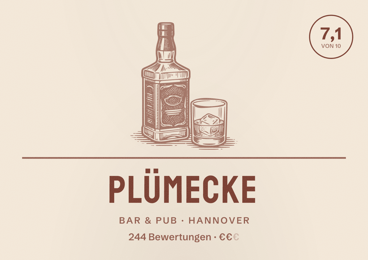 Illustriertes Poster von Plümecke, Bar & Pub in Hannover: Bewertung 7,1 von 10 aus 244 Bewertungen, Preisniveau €€