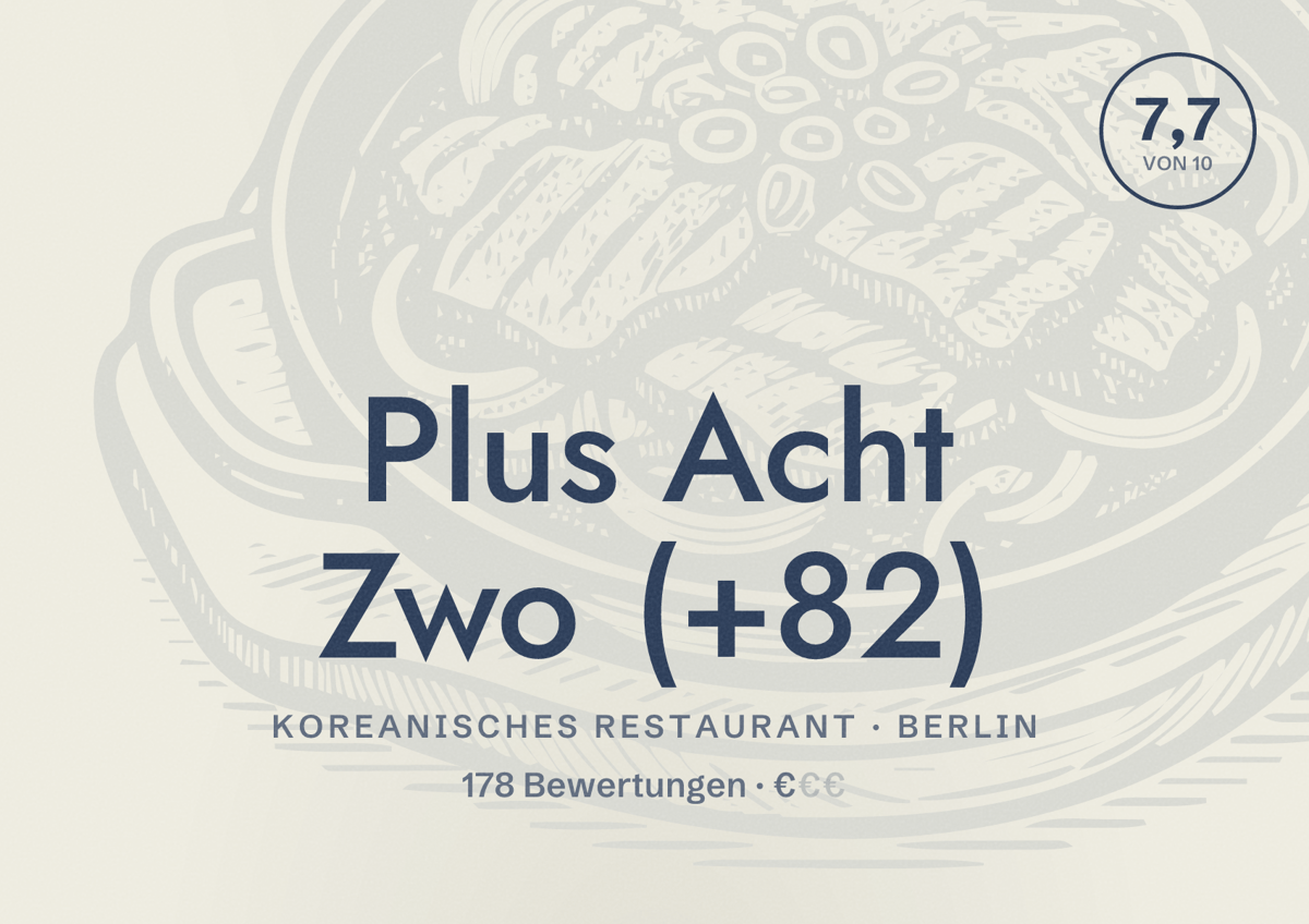 Illustriertes Poster von Plus Acht Zwo (+82), Koreanisches Restaurant in Berlin: Bewertung 7,7 von 10 aus 178 Bewertungen, Preisniveau €