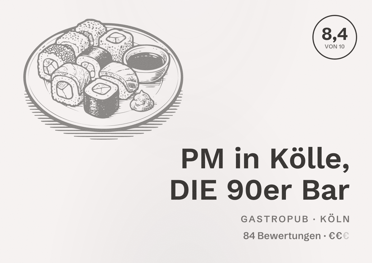 Illustriertes Poster von PM in Kölle, DIE 90er Bar, Gastropub in Köln: Bewertung 8,4 von 10 aus 84 Bewertungen, Preisniveau €€