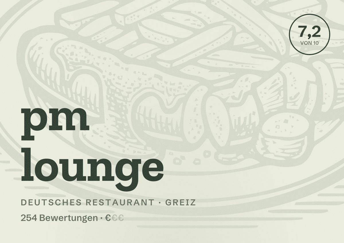 Illustriertes Poster von pm lounge, Deutsches Restaurant in Greiz: Bewertung 7,2 von 10 aus 254 Bewertungen, Preisniveau €