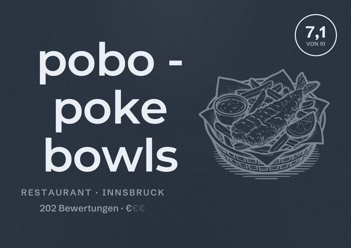 Illustriertes Poster von pobo - poke bowls, Restaurant in Innsbruck: Bewertung 7,1 von 10 aus 202 Bewertungen, Preisniveau €