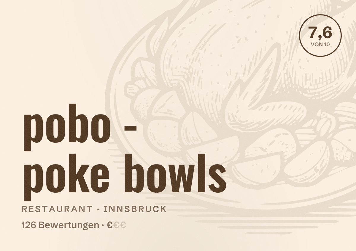 Illustriertes Poster von pobo - poke bowls, Restaurant in Innsbruck: Bewertung 7,6 von 10 aus 126 Bewertungen, Preisniveau €