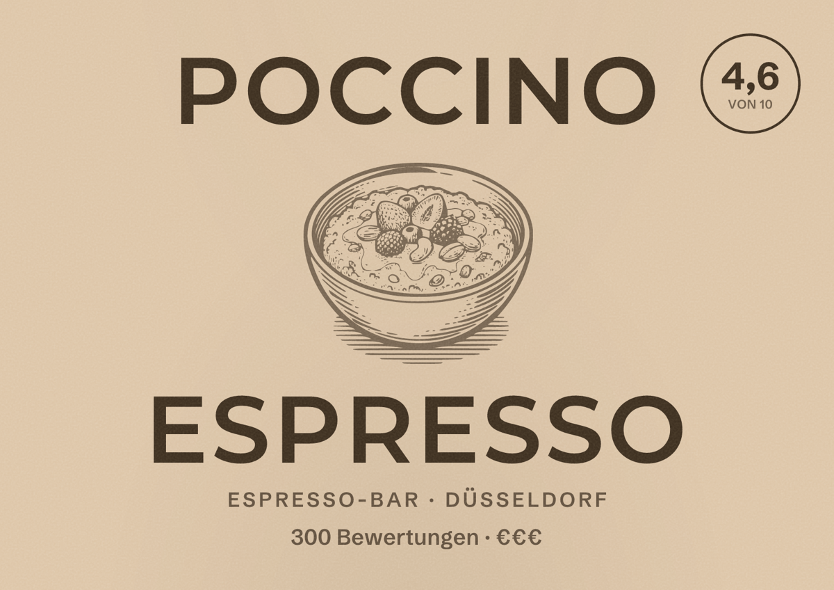 Illustriertes Poster von Poccino Espresso, Espresso-Bar in Düsseldorf: Bewertung 4,6 von 10 aus 300 Bewertungen, Preisniveau €€€