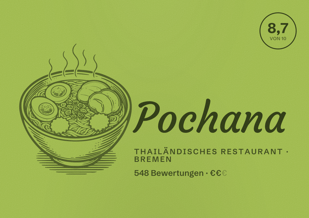 Illustriertes Poster von Pochana, Thailändisches Restaurant in Bremen: Bewertung 8,7 von 10 aus 548 Bewertungen, Preisniveau €€