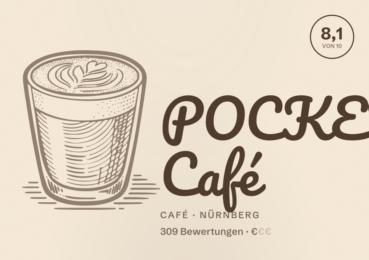 Illustriertes Poster von POCKETS Café, Café in Nürnberg: Bewertung 8,1 von 10 aus 309 Bewertungen, Preisniveau €