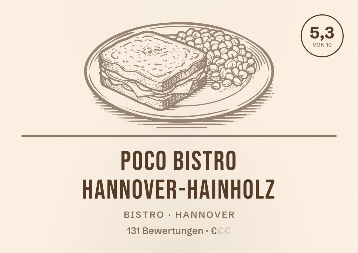 Illustriertes Poster von Poco Bistro Hannover-Hainholz, Bistro in Hannover: Bewertung 5,3 von 10 aus 131 Bewertungen, Preisniveau €
