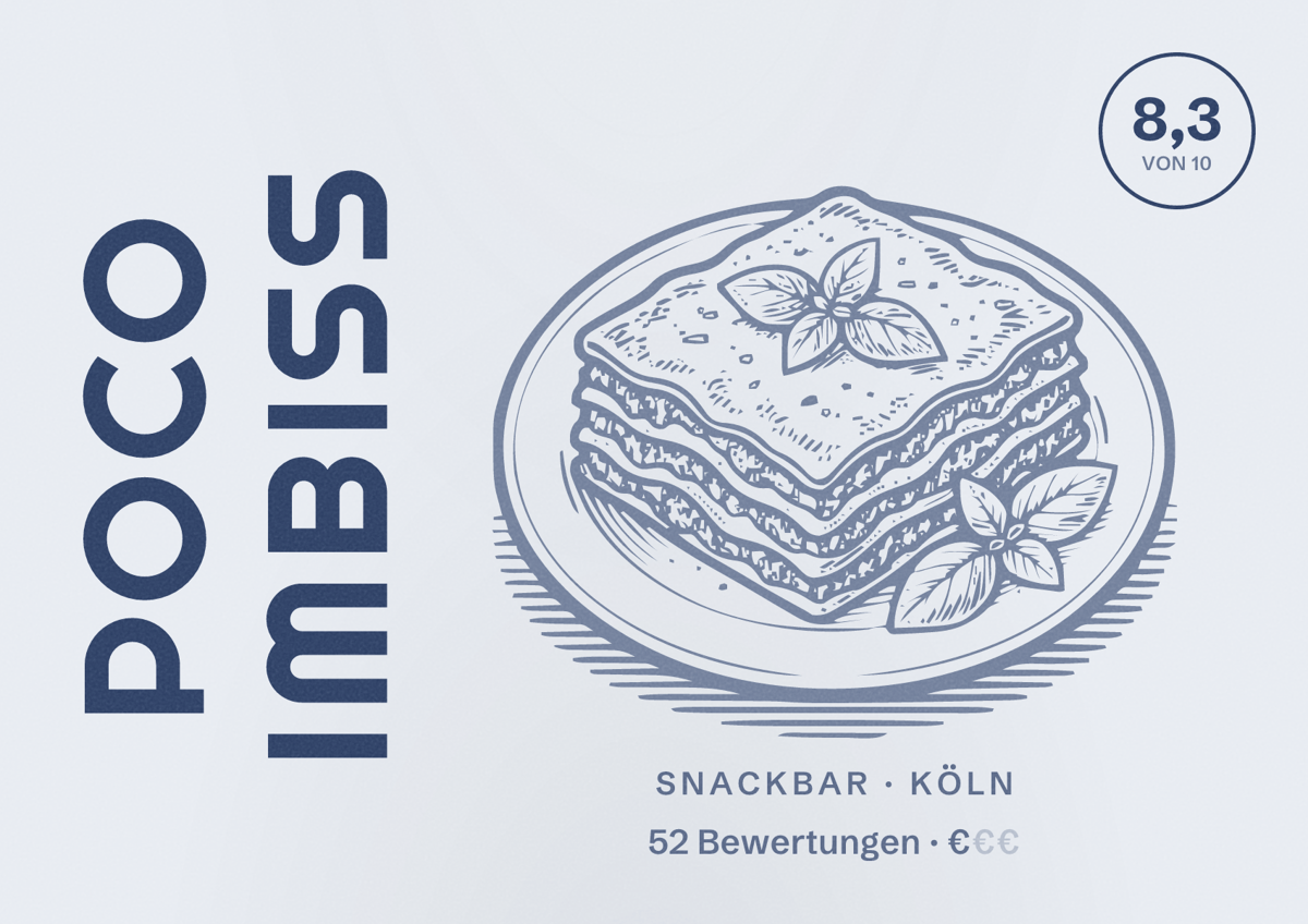 Illustriertes Poster von Poco Imbiss, Snackbar in Köln: Bewertung 8,3 von 10 aus 52 Bewertungen, Preisniveau €