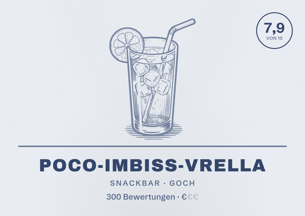 Illustriertes Poster von Poco-Imbiss-Vrella, Snackbar in Goch: Bewertung 7,9 von 10 aus 300 Bewertungen, Preisniveau €