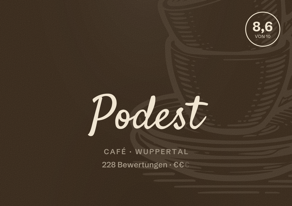 Illustriertes Poster von Podest, Café in Wuppertal: Bewertung 8,6 von 10 aus 228 Bewertungen, Preisniveau €€