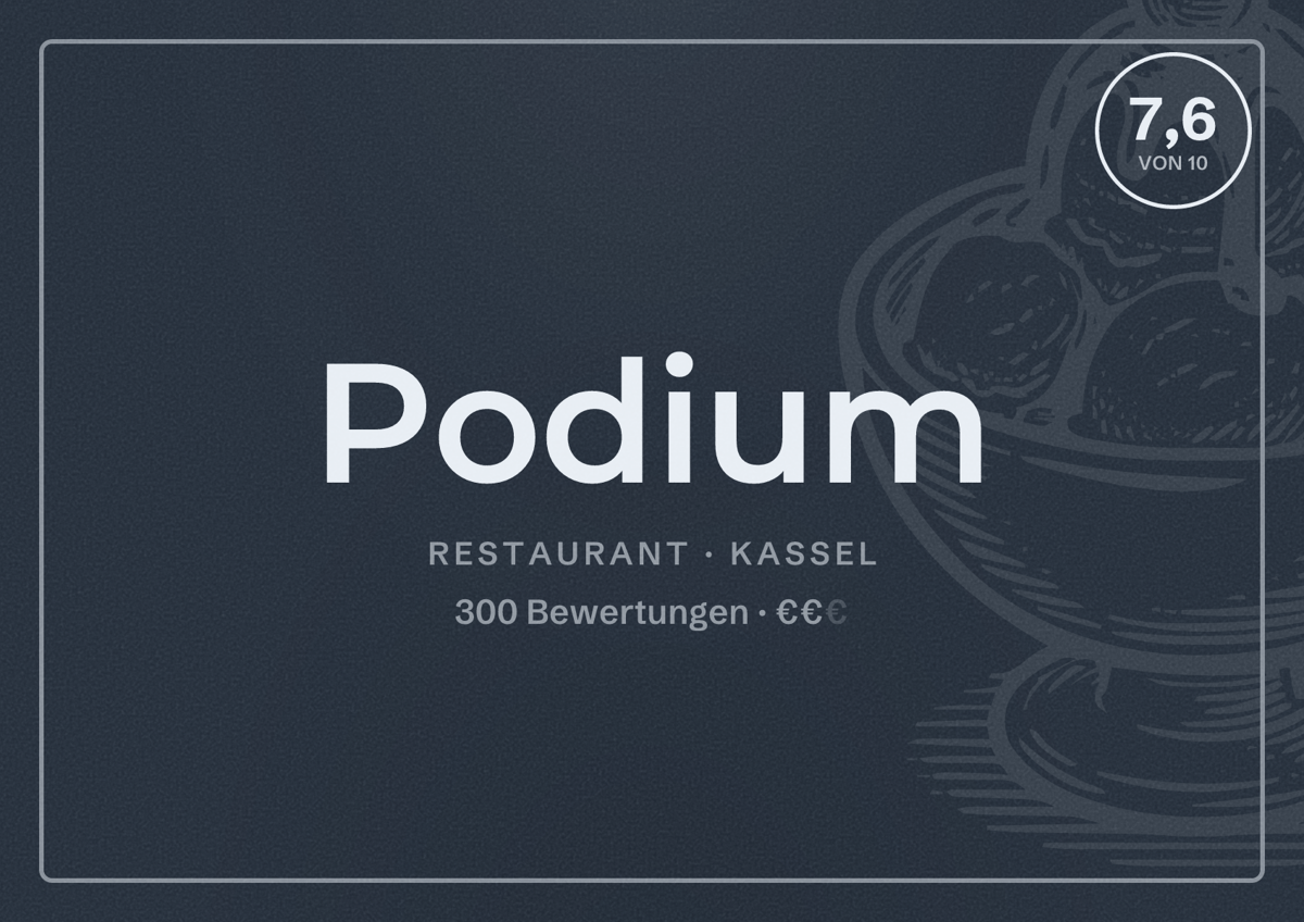 Illustriertes Poster von Podium, Restaurant in Kassel: Bewertung 7,6 von 10 aus 300 Bewertungen, Preisniveau €€