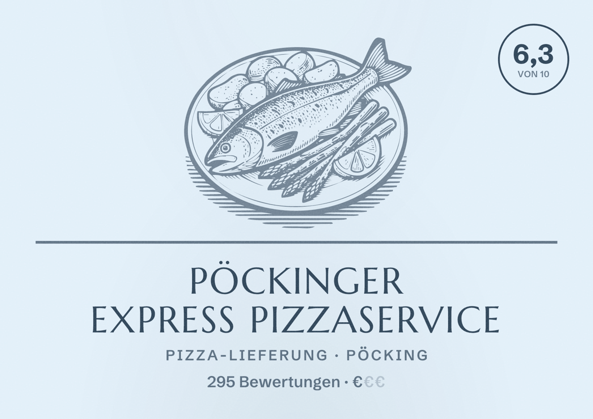 Illustriertes Poster von Pöckinger Express Pizzaservice, Pizza-Lieferung in Pöcking: Bewertung 6,3 von 10 aus 295 Bewertungen, Preisniveau €