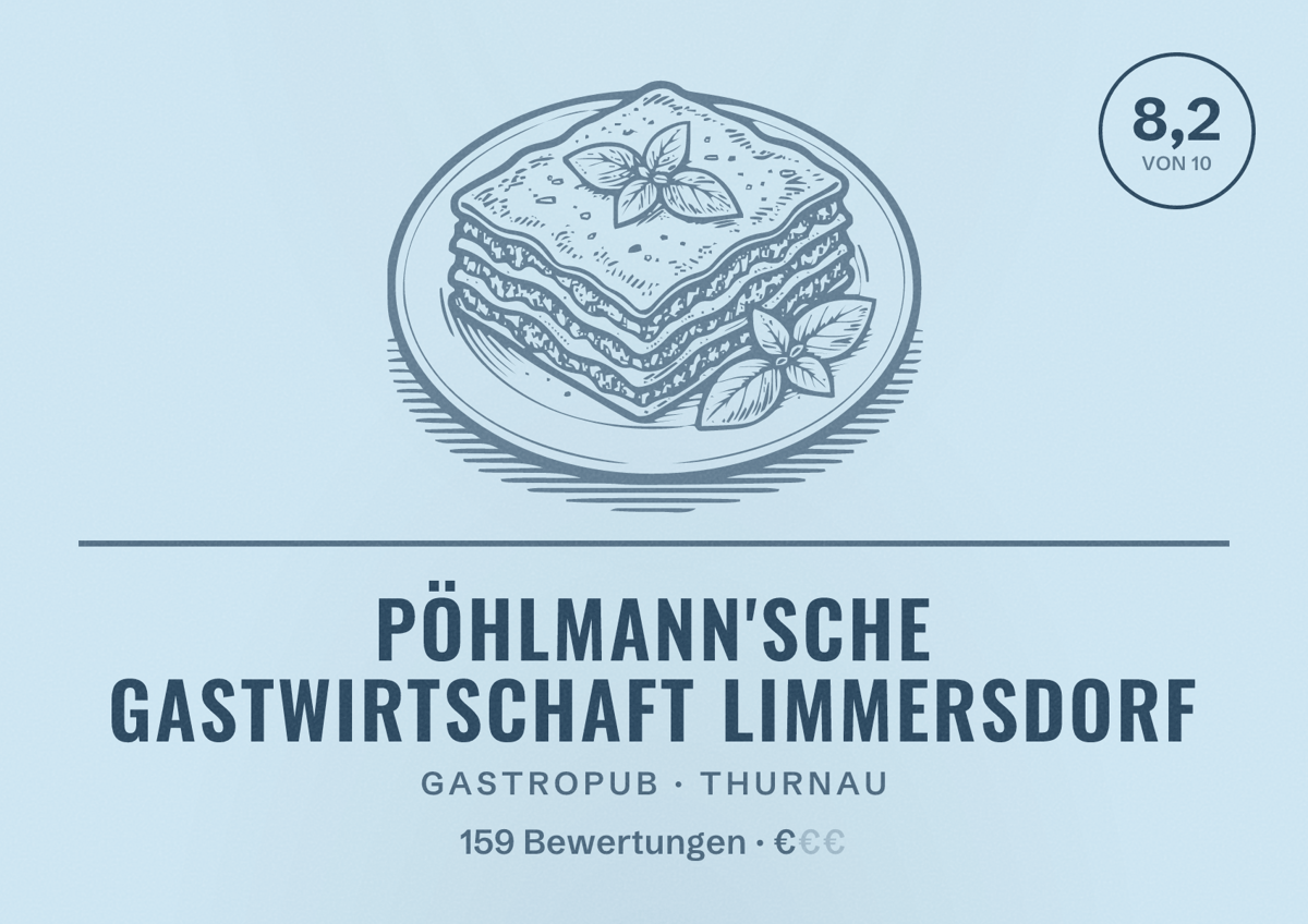 Illustriertes Poster von Pöhlmann'sche Gastwirtschaft Limmersdorf, Gastropub in Thurnau: Bewertung 8,2 von 10 aus 159 Bewertungen, Preisniveau €