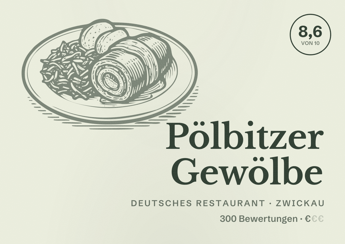 Illustriertes Poster von Pölbitzer Gewölbe, Deutsches Restaurant in Zwickau: Bewertung 8,6 von 10 aus 300 Bewertungen, Preisniveau €
