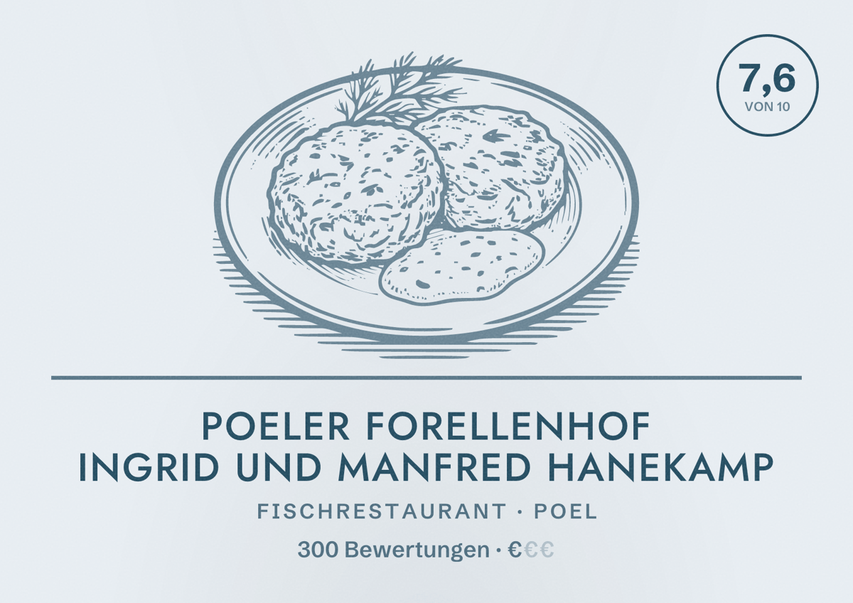 Illustriertes Poster von Poeler Forellenhof Ingrid und Manfred Hanekamp, Fischrestaurant in Poel: Bewertung 7,6 von 10 aus 300 Bewertungen, Preisniveau €